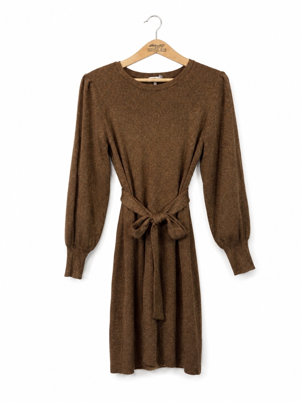 Calvin Klein‎ Belted Sweater Midi Dress Balloon Sleeve Metallic Size L Autumn